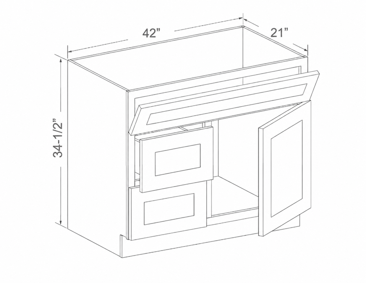 42-inch vanity with two drawers, 34.5 inches high and 21 inches deep
