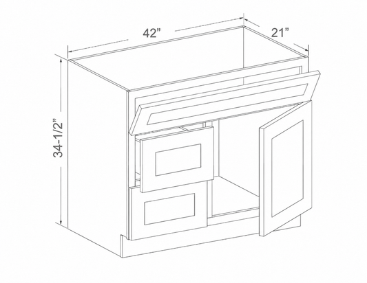 42-inch vanity with two drawers, 34.5 inches high and 21 inches deep