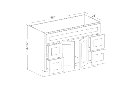 48-inch vanity with four drawers, 34.5 inches high and 21 inches deep