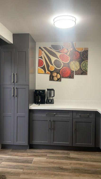 Tall grey pantry and a matching countertop cabinet