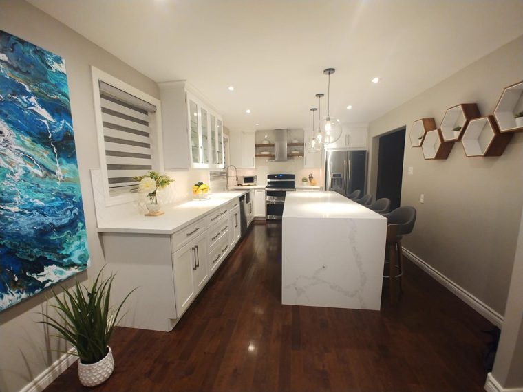 View along the finished island and wall cabinets